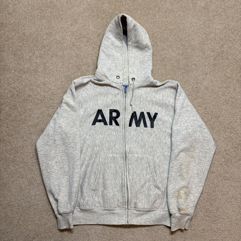 Vtg Champion US Army Hoodie Sweatshirt‎ Mens Medium Gray Full Zip 1980s 80s